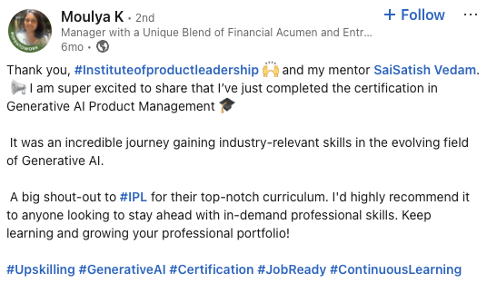 Moulya k Learner say about their AI Product Management Certification Journey